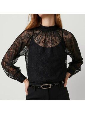 ANN TAYLOR Black Lace Blouse w/ Cami XXL Sheer Long Sleeve Womens Top NWT